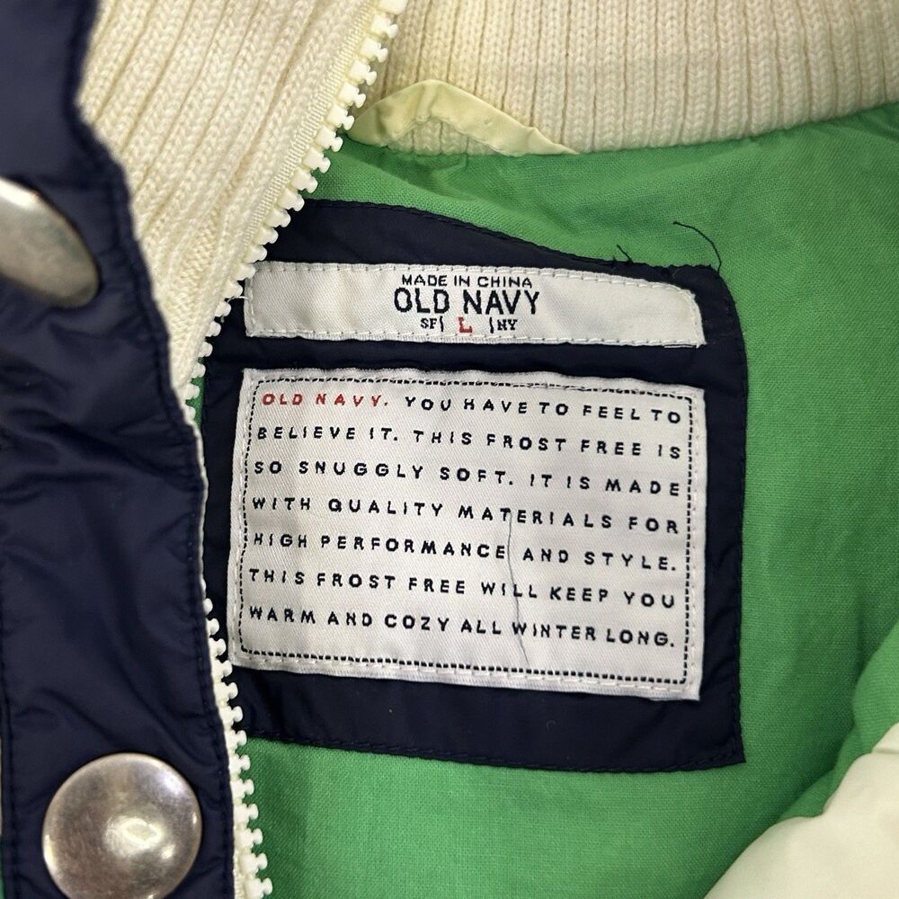 Old Navy Down Puffer Vest Women's Large Green Blue White Zips & Snaps Y2K 90s - Picture 3 of 9